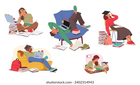 Vector Set of Exhausted Students Hunched Over Textbooks, Wearied Expressions Revealing The Weight Of Endless Study. Fatigue And Frustration Linger In The Air, Painting A Scene Of Academic Weariness