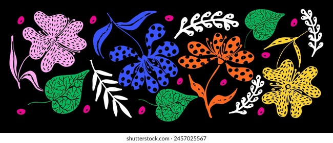 Vector set exotic flowers  and leaves, hand drawn color artistic botanical illustration. Isolated floral elements, grunge dry paint brush strokes on black background.