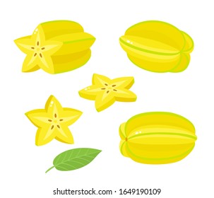 Vector set of exotic fruit carambola isolated on white. Whole and half, slices of fresh starfruit used for poster, website, brochure, tag