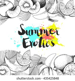 Vector set of exotic fruits for detox smoothie. Vegetarian healthy treating hand drawn border pattern illustration. Use for bar, cocktail, flyer, banner, store