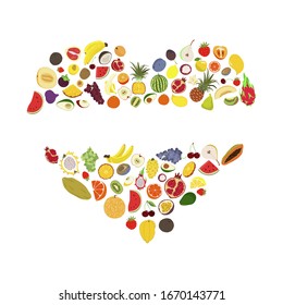 Vector set of exotic fruits in the form of a heart with a place for inscription. Template with colorful fruits for the design of menus, recipes, posters.