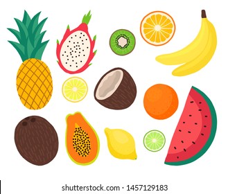 vector set of exotic fruits: pineapple, watermelon, lemon, lime, coconut, banana, papaya, kiwi, dragon fruit. Tropical food. Hand-drawn flat illustration. use for the menu and textile.