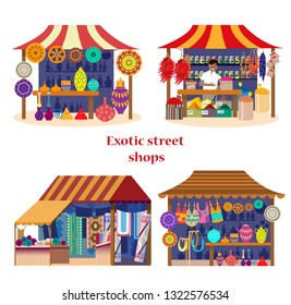 Vector set of exotic street shops in flat cartoon style. Asian market set. Spices shop with merchant, pottery shop, fabrics and carpets shop, souvenirs shop. 