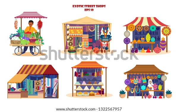 Vector set of exotic street shops in flat cartoon\
style. Asian market set. Vegetables cart with merchant, pottery\
shop, fabrics and carpets shop, asian sweets, Mexican souvenirs.\
Trade fair stalls.