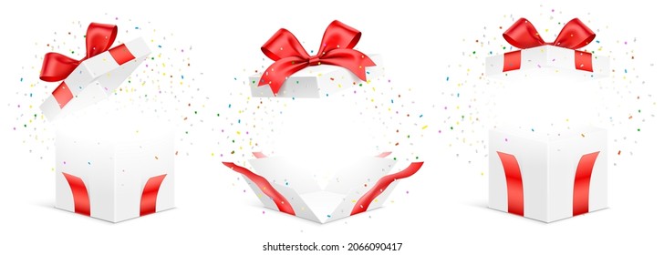 Vector set of exploded white gift boxes with red ribbons, isolated on white background. Unfolded surprise giftbox, vector illustration.