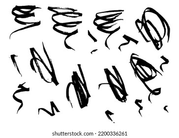 Conjunto vectorial de expresivas líneas dibujadas a mano, manchas, olas, pinceladas. Elementos pintados a mano en negro para tu diseño gráfico