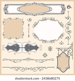 Vektor-Set von exquisiten Ornament- und Seitendekorationsdesigns, einschließlich Ornamenten, kalligraphischen Designelementen, Rändern, Rahmen und Tafeln mit Platz für Ihren Text.