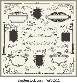 Vector set of exquisite ornamental and page decoration designs, including calligraphic design elements, borders, corners, frames and panels with place for your text.