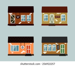 Vector set of exterior buildings shop city elements in retro flat style including coffee shop, pizza cafe, restaurant, ice cream magazine; bar; pub;