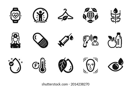 Vector set of Eye drops, Cardio training and Gluten free icons simple set. Capsule pill, Slow fashion and Recovered person icons. Eye drops simple web symbol. Vector