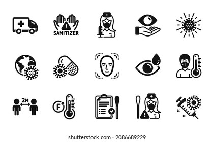 Vector set of Eye drops, Health eye and Thermometer icons simple set. Vaccination, Clean hands and Ambulance emergency icons. Eye drops simple web symbol. Vector