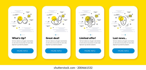 Vector set of Eye drops, Lungs and Eyeglasses line icons set. UI phone app screens with line icons. Face detection icon. Check vision, Respiratory pneumonia, Optometry. Detect person. Vector