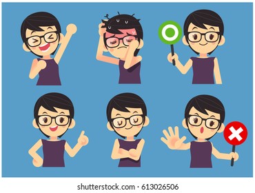 Vector Set of Eye Glasses Young Women in Different Expression.