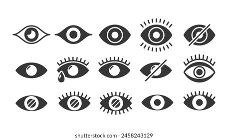 Vector Set Of Eye Icons In Black And White, Depicting Different States And Expressions Such As Open, Closed, Crying