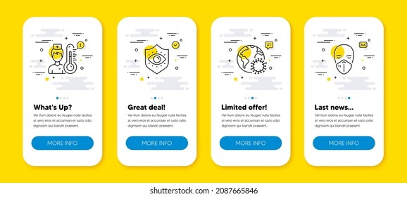 Vector Set Of Eye Protection, Thermometer And Coronavirus Line Icons Set. UI Phone App Screens With Line Icons. Medical Mask Icon. Optometry, Temperature Control, Pandemic Infection. Vector