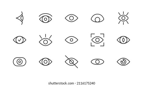 Vector set of eye  thin line icons. Design of 20 stroke pictograms. Signs of eye  isolated on a white background.