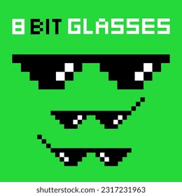 A vector set of eyeglasses in 8-bit art style, both straight-faced and showing the left and right legs of the glasses. For graphic design, video calls and social media design.