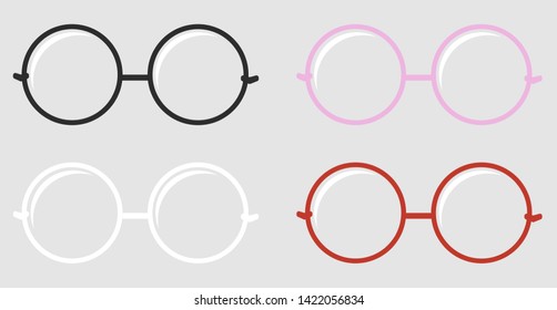 Vector set of eyeglasses, circle lens - frame black, pink, white and red