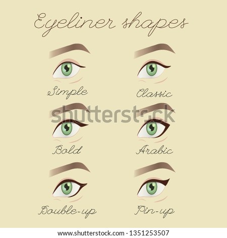 Vector set of eyeliner shapes.  Eye makeup guide illustration. Female isolated eyeliner in different shapes. Beauty tutorial. 
Beautiful eyes with eyeliner.
