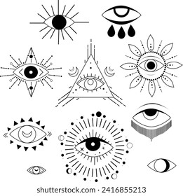 Vector set of Eyes. Bohemian linear logos, esoteric symbols. Alchemical mystical magic elements for prints, posters, illustrations and patterns. Magic aesthetics.