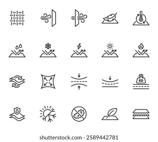 Vector set of fabric properties line icons. Contains icons waterproof, breathable, elastic, antistatic, windproof, soft and more. Pixel perfect.