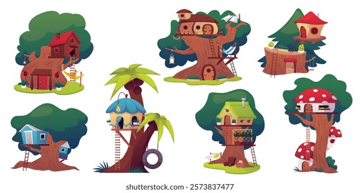 Vector set of fabulous treehouses with windows, stairs, hammocks and swings isolated on a white background. Game design elements for the user interface