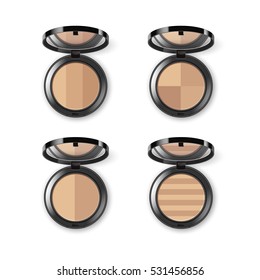 Vector Set of Face Cosmetic Makeup Powder in Black Round Plastic Case with Mirror Top View Isolated on White Background