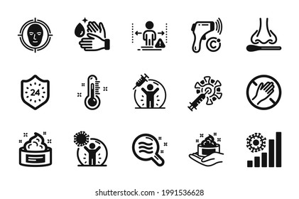 Vector set of Face detect, Coronavirus statistics and Dont touch icons simple set. Electronic thermometer, Skin condition and Wash hands icons. Face detect simple web symbol. Vector