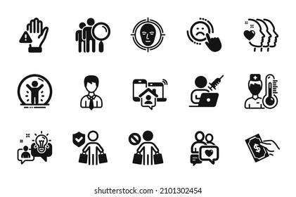 Vector set of Face detect, Friends couple and Thermometer icons simple set. Buyer insurance, Idea and Pay money icons. Dislike, Recovered person and Stop shopping signs. Vector