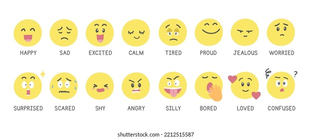 Vector set of face emotions. Emoticons or feelings clipart. Cartoon emoji set. Happy, sad, excited, calm, surprised, scared, shy, angry, tired, proud, jealous, worried, silly, bored, loved, confused
