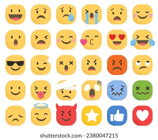 Vector set of face emotions. Emoticons or feelings clipart. Cartoon emoji set. Happy, sad, excited, calm, surprised, scared, shy, angry, tired, proud, jealous, worried, silly, bored, loved, confused