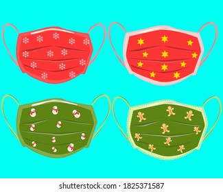 vector set of face masks with Christmas icons print