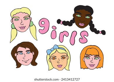 Vektorset von Gesichtsmenschen, Kopf von Mädchen, Frauen im Dodle-Stil, isoliert. Handgezeichnete süße Illustration, Clipart-Set. unterschiedlich und schön