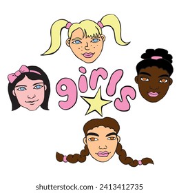 Vector set of face people, heads of a girls, women in of Doodle flat style, isolated. Hand drawn cute illustration, clip art set. different and beautiful