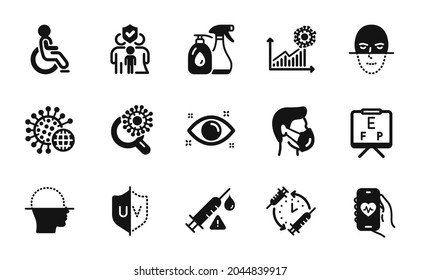 Conjunto vectorial de exploración de caras, máscara médica e iconos oculares de salud simple conjunto. Líquidos de limpieza, seguros familiares e íconos de reconocimiento facial. Coronavirus, atención de vacunas y signos de aplicación de salud. Vector