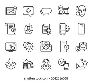 Vector set of Face search, Smartphone and Money loss line icons set. Medical chat, Checkbox and Messenger icons. Refrigerator timer, Idea gear and Return package signs. Face search web symbol. Vector