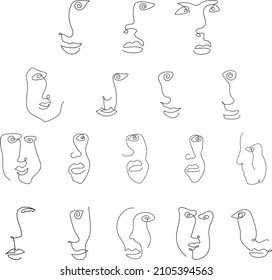 Vector set of faces, continuous line drawn, stylized in a minimalistic style