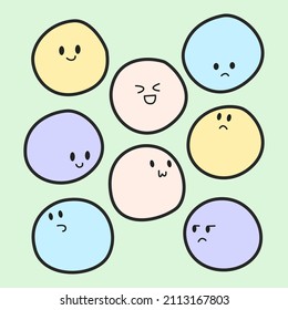 Vector set of faces with different emotions or expressions in pastel colors. 