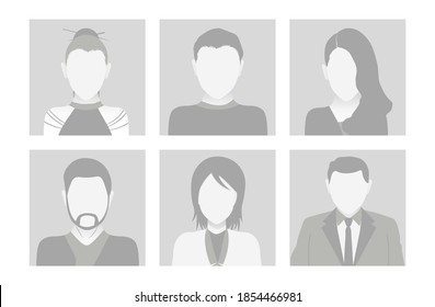 Vector Set of  Faces with Hair. Flat Gray Icons of Man and Woman for Web and Mobile. Default Placeholder Avatar Profile on Gray Background. Gray photo. Beautiful Cartoon Portraits. EPS 10+