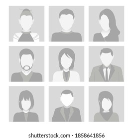 Vector Set of Faces with Hair. Flat Gray Icons of Man and Woman for Web and Mobile. Default Placeholder Avatar Profile on Gray Background. Gray photo. Beautiful Cartoon Portraits. EPS 10