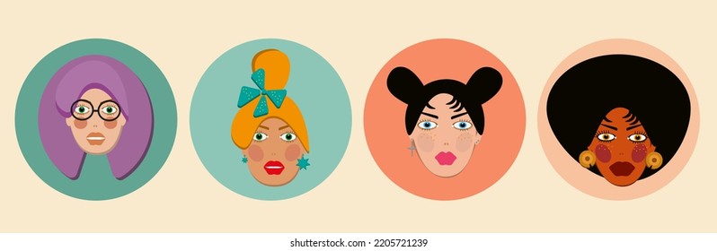 Vector set of faces pretty woman. Human race cartoon girl icon.