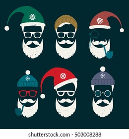 Vector set of faces with Santa hats, mustache and beards. Various doodles Christmas Santa design elements. Holiday icons