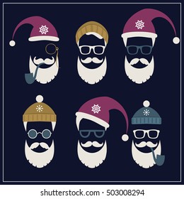 Vector set of faces with Santa hats, mustache and beards. Various doodles Christmas Santa design elements. Holiday icons