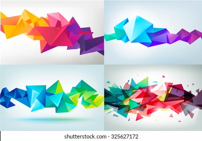Vector set of faceted 3d crystal colorful shapes, banners. Horizontal crystal banners, faceted colorful 