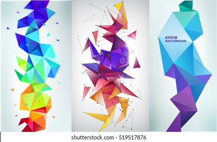 Vector set of faceted 3d crystal colorful shapes, banners. Vertical orientation backgrounds