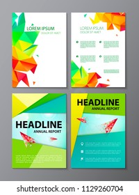 Vector set of faceted flyers, brochures, covers. Geometric astract background with logo.