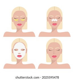 Conjunto vectorial de cuidado facial. Imagen de chicas rubias con el pelo corto con una máscara facial, parches, una máscara de carbón que limpia la nariz