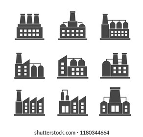 Vector set of factories related icons. Industrial building factory symbol and sign on white background