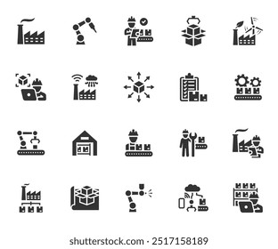 Conjunto vetorial de ícones planos de fábrica. Contém ícones produção em massa, automação, linha de montagem, fabricação, manipulador robô, controle de qualidade, técnico, distribuição e muito mais. Pixel perfeito.