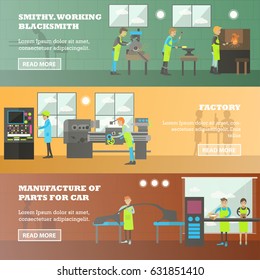 Vector set of factory horizontal banners. Working blacksmith and turner, manufacture of car parts design elements in flat style.